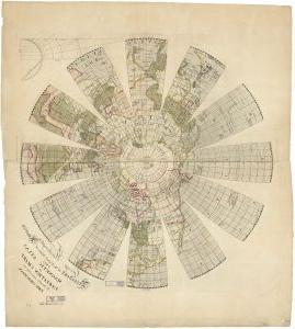 Color photograph of a printed map on paper discolored with age. The main image is a globe with longitude and latitude lines with the continents colored in and labeled. The view is from the north pole down with the pole in the center and the globe sliced into 6 longitude sections all the way around. In the bottom right corner is black ink printed text that is written in cursive and print which reads, “To George Washington President of the United States of America This Magnetic Atlas or Variation Chart is humbly inscribed by John Churchman.” With two blue stamps that read “Harvard College Library.”